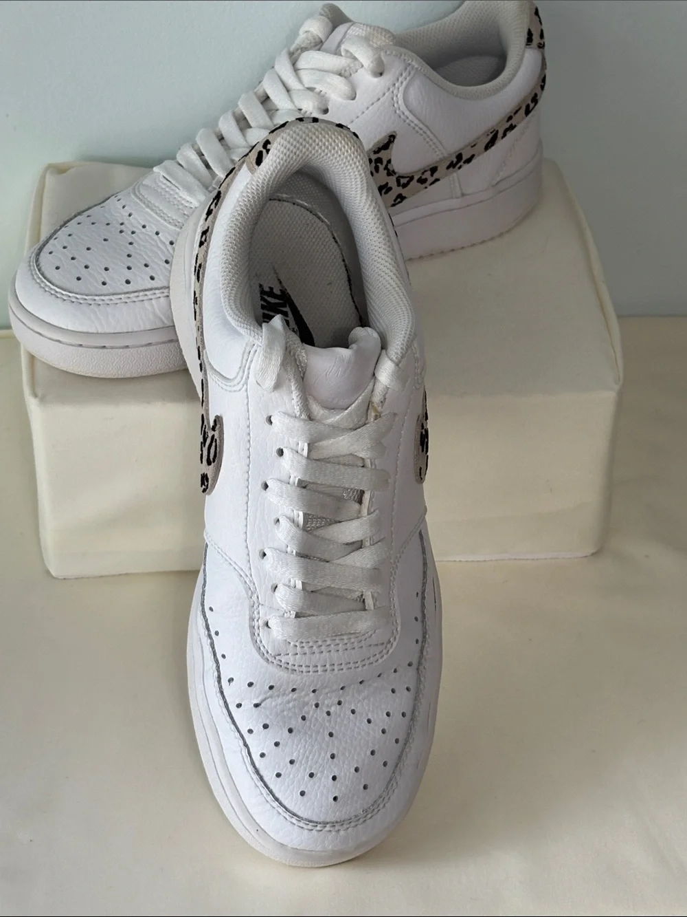Nike Women's Court Vision Low White Sneakers with Leopard Swoosh